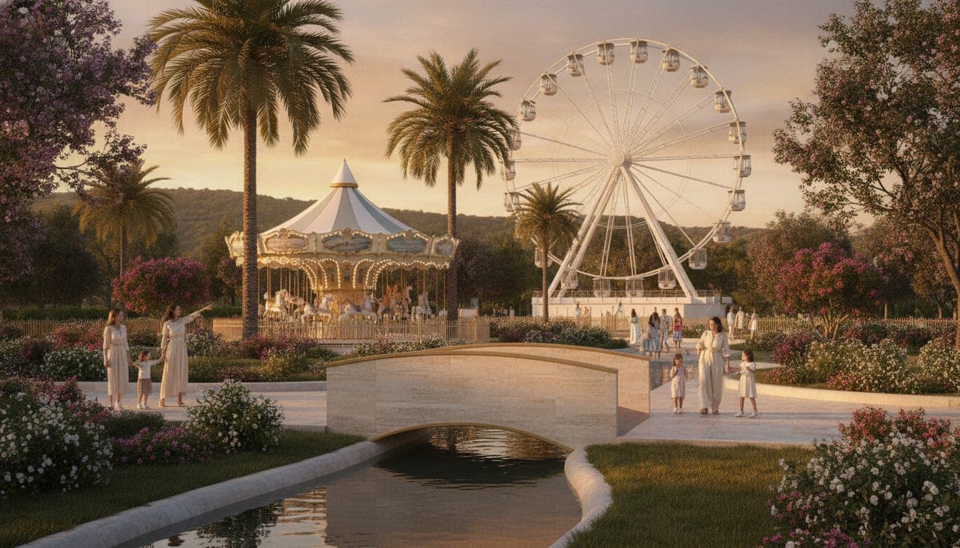 The family amusement park with carousel, ferris wheel and landscaped river